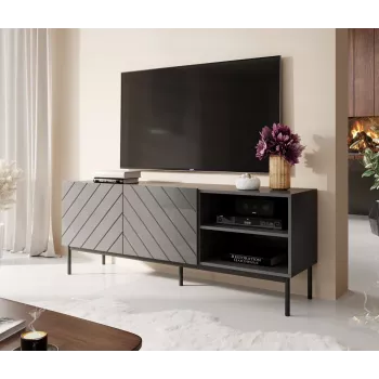AV/TV skapis cama meble ABETO RTV uz melna tērauda rāmja 150x42x60 cm grafīta/spīdīgi grafīta