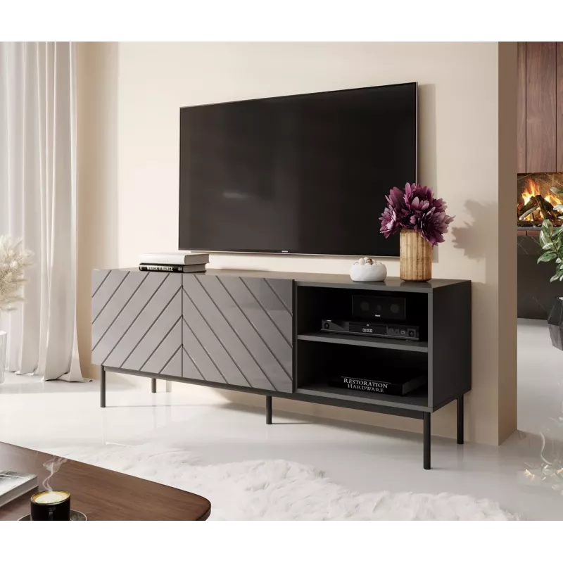 AV/TV skapis cama meble ABETO RTV uz melna tērauda rāmja 150x42x60 cm grafīta/spīdīgi grafīta