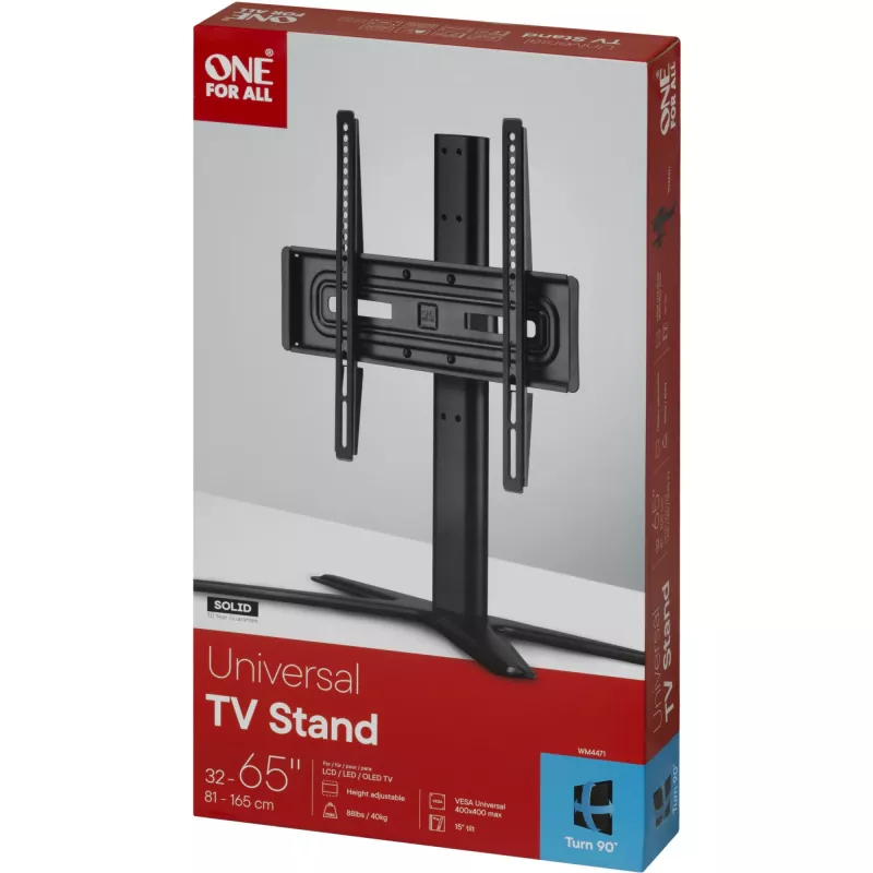 One For All galda statīvs Base TV Holder SOLID – piemērots visiem televizoru tipiem no 32 līdz 65 collām – LCD/LED/Plazmas/OLED/QLED televizori – pagriežams (90°) noliecams (15°) – regulējams augstums – VESA 60