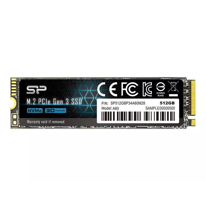 SSD M.2 NVMe Silicon Power P34A60 512 GB — PCIe, lasīšana 2200 MB/s, rakstīšana 1600 MB/s, NVMe 1.3