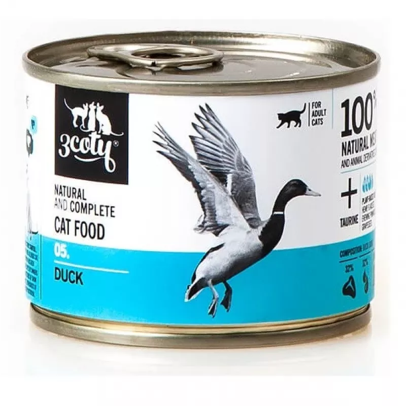 Mitrā kaķu barība 3coty Duck 180 g — pilnvērtīga bezgraudu konservēta mitrā barība pieaugušiem kaķiem, olbaltumvielas 15%, tauki 10%, mitrums 72,8%