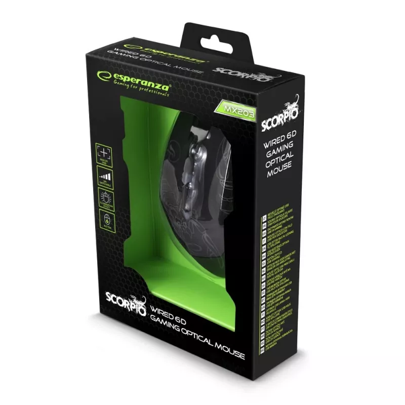 Esperanza MX203 SCORPIO - pele - USB - zila - pele - optiskā - 6 pogas - melna