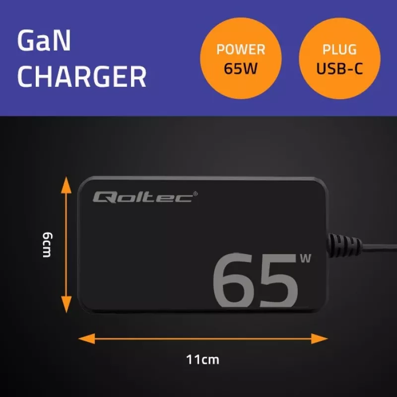 QOLTEC Charger 65W GaN Super Fast plāns PD 5-20V 3.25A USB-C
