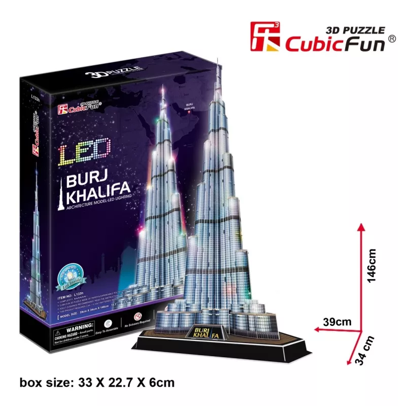 CubicFun L133H 3D puzle Burj Khalifa (Light), 136 detaļas, ar LED apgaismojumu