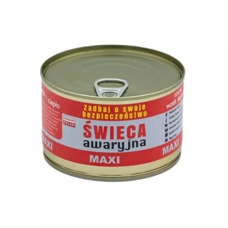 Avārijas izdzīvošanas svece FULER HASKE Pro MAXI 410 g — dabīgs sojas vasks, 72 st degšanas laiks, 99 mm × 65 mm, tērauda bundža