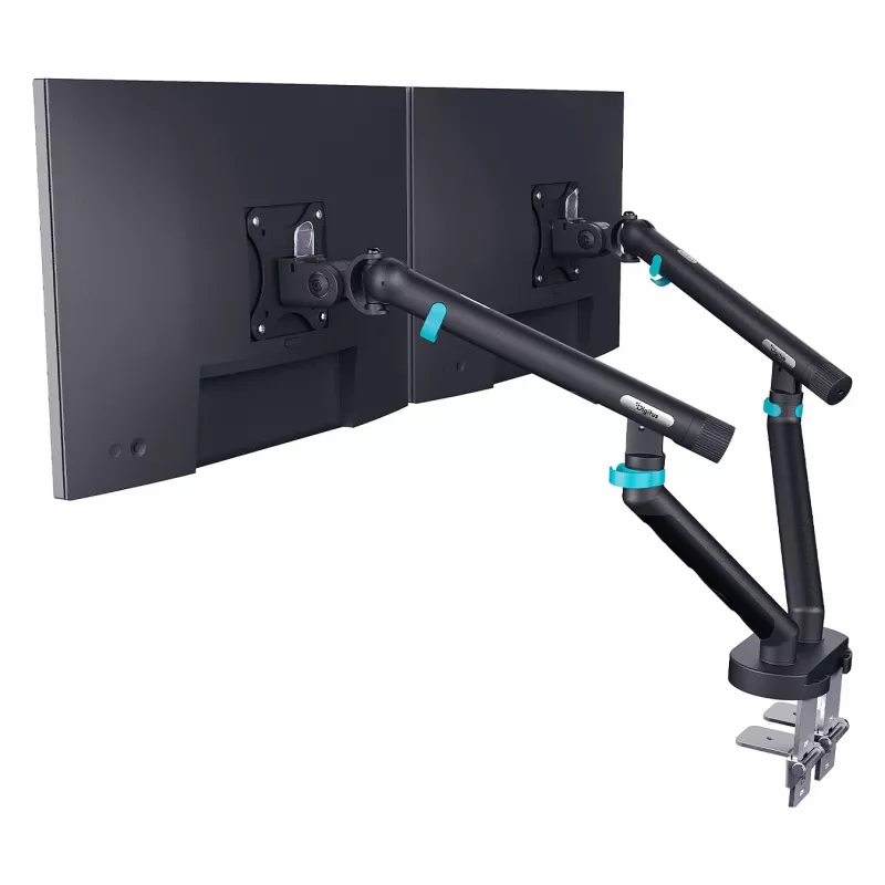 Monitoru stiprinājums DIGITUS Dual design 2×35 collu ekrāniem, skava, 2×10 kg, VESA 75×75–100×100, slīpums -45–90°