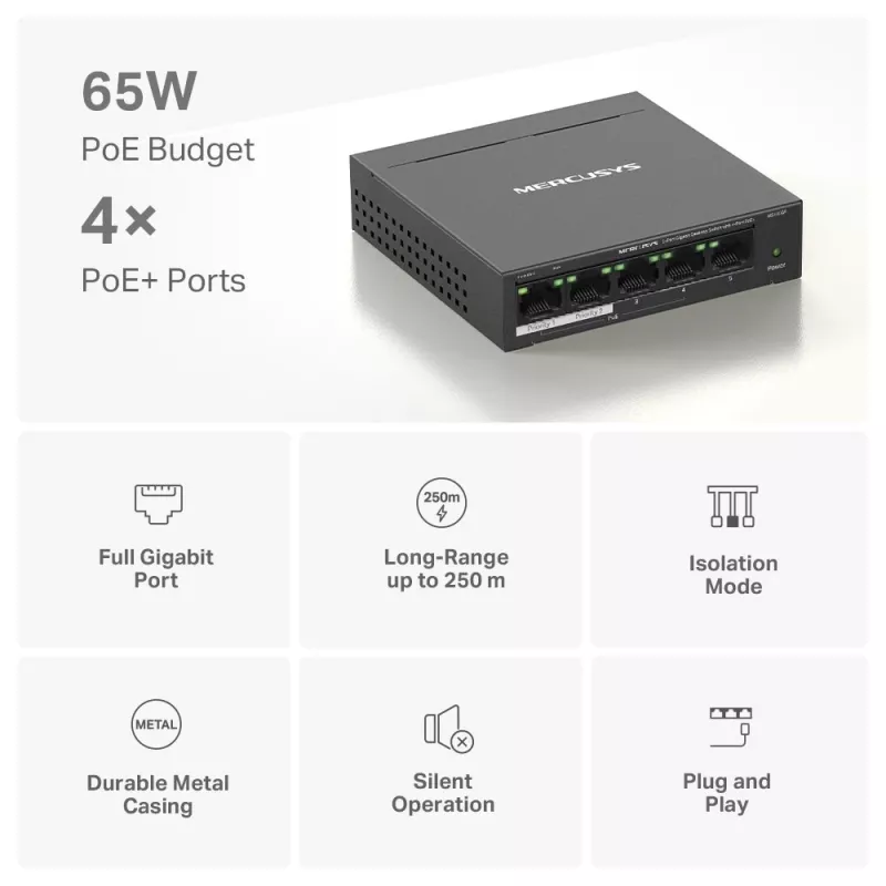 Mercusys 5 portu Gigabit darbvirsmas slēdzis ar 4 portu PoE+