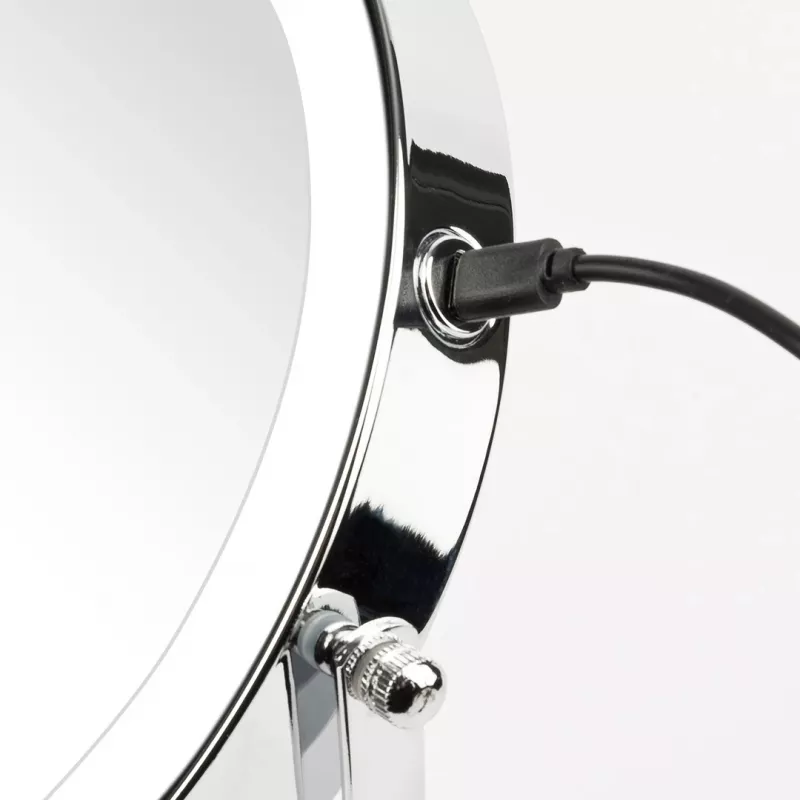 Brīvi stāvošs grima spogulis Girmi BE02 — apaļš nerūsējošā tērauda, LED skārienvadība, 1x/3x palielinājums, USB-C uzlādējams (1000 mAh)