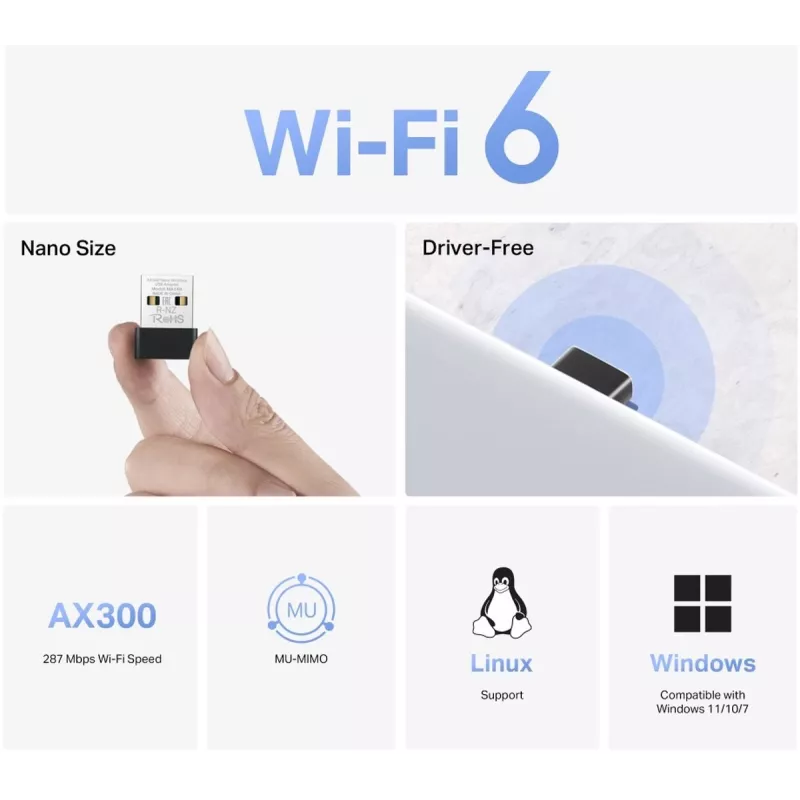 USB Wi‑Fi adapteris MERCUSYS MA14N — USB Type‑A, 2,4 GHz vienas joslas, līdz 287 Mb/s, melns