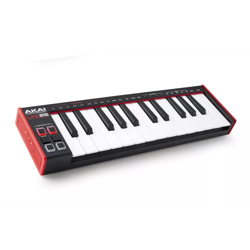 AKAI LPK25 MKII 25 taustiņu ar USB darbināma mini MIDI tastatūra — oktāvu nobīde, arpedžators, 6 pogas, sarkana