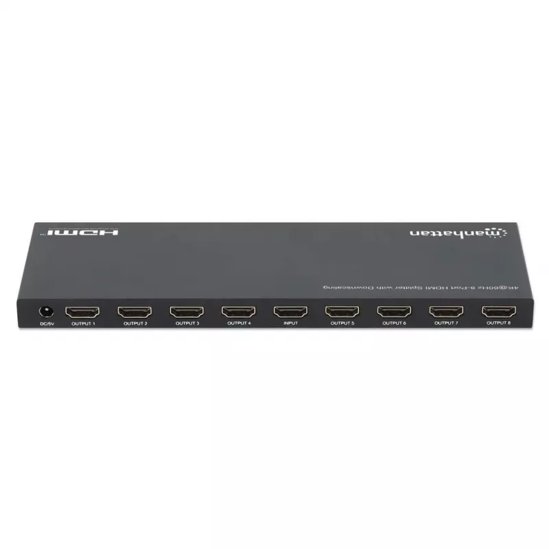 Manhattan 4K@60Hz 8 portu HDMI sadalītājs ar pazeminātu izšķirtspēju, sadala vienu HDMI ieeju astoņās HDMI izejās (1x8), 18G, EDID pārslēgs izšķirtspējas pazemināšanai, melns