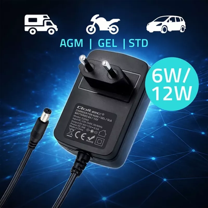 Akumulatora lādētājs QOLTEC modelis 52660 — 6V/12V, 6W lādēšanas bloks