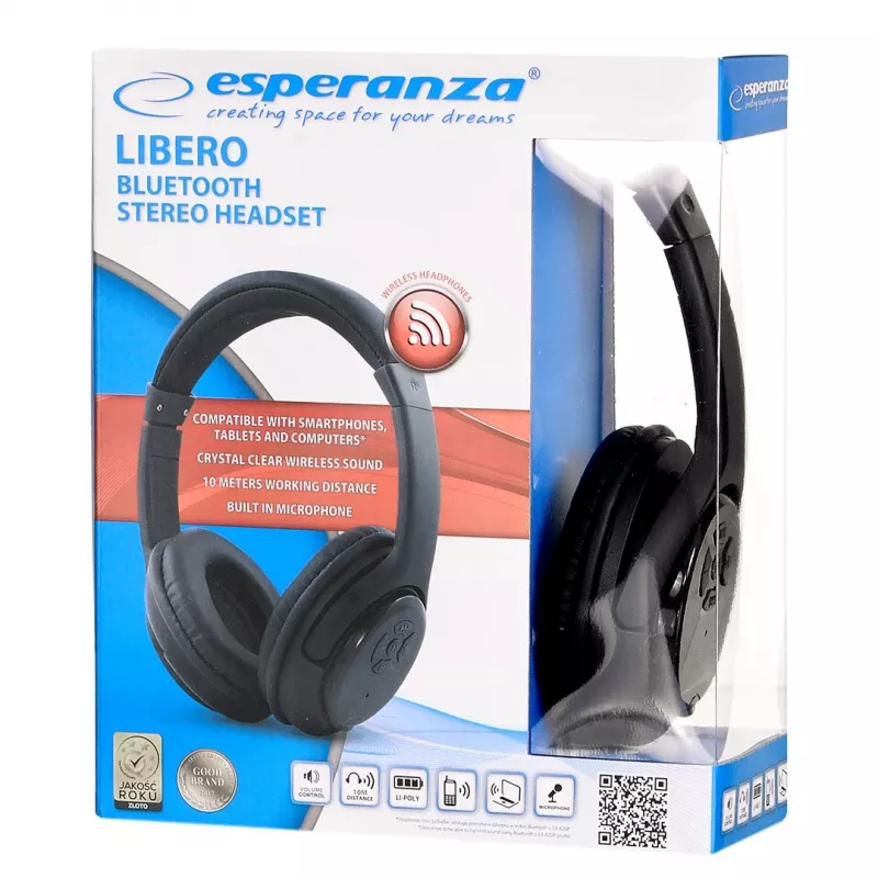 Esperanza Libero EH163K Bezvadu austiņas ar galvas saiti, mūzikas Mini-USB Bluetooth, melnas