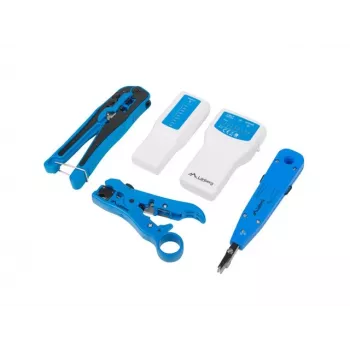 LANBERG kabeļu presēšanas instrumentu komplekts NT-0302 — RJ-45 presētājs, plastmasas rokturi, pārnēsāšanas futrālis, ieslēgšanas/izslēgšanas slēdzis, daudzkrāsains