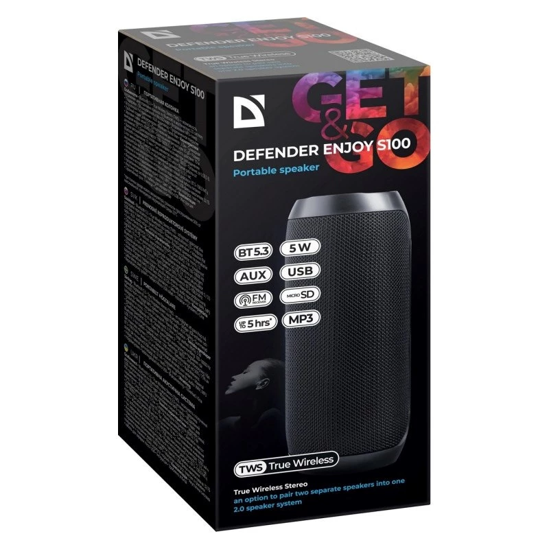 Pārnēsājams Bluetooth skaļrunis DEFENDER ENJOY S100 — 10W, Bluetooth 5.3, 5h akumulators, LED apgaismojums, iebūvēts mikrofons
