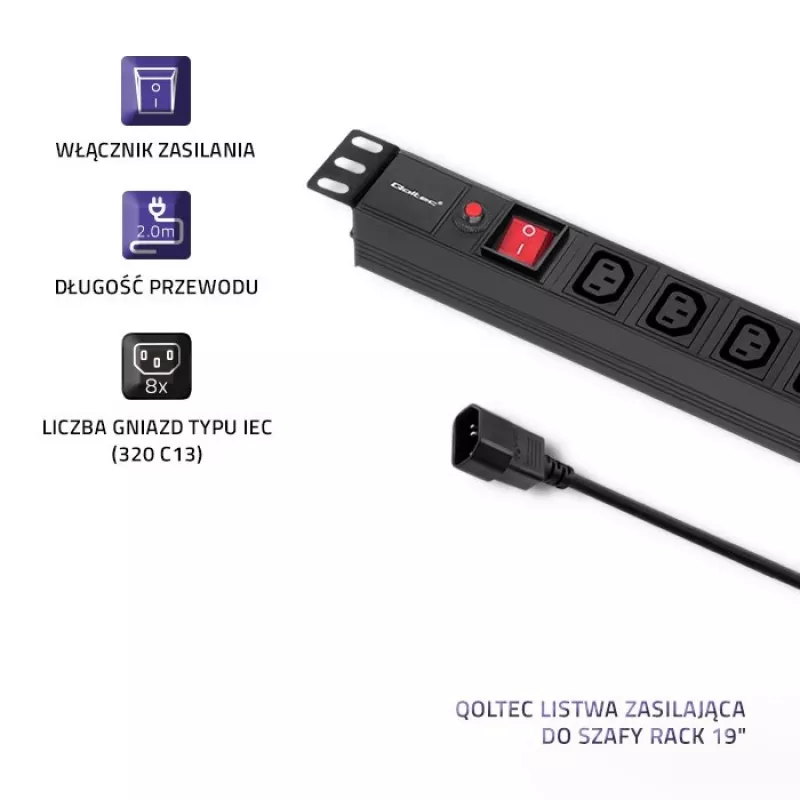 Qoltec 53998 Strāvas sadalītājs RACK 19 | 1U | 10A | PDU | 8xIEC C13 | 2m