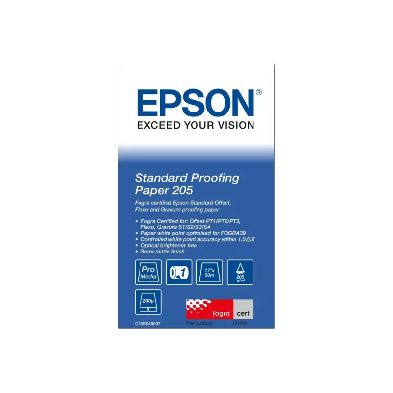 Epson Standard Proofing Paper, 17 collu x 50m, 205g/m², 50 m, 43,2 cm, 43,2 cm (17 collas), Matēts, 190 µm, 205 g/m²