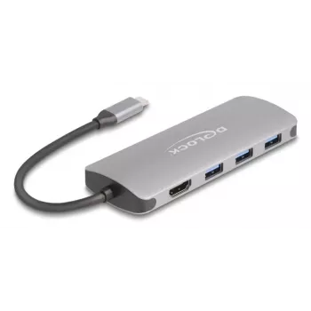 USB-C centrmezgls DELOCK 64323 — USB 3.2 Gen 2 Type-C resursdators, HDMI + 2× USB-A + 2× USB-C, 10 Gbit/s, pelēks