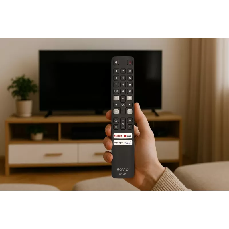 SAVIO universālā TV tālvadības pults RC-15 TCL SMART TV, IR bezvadu, melna, diapazons 10 m