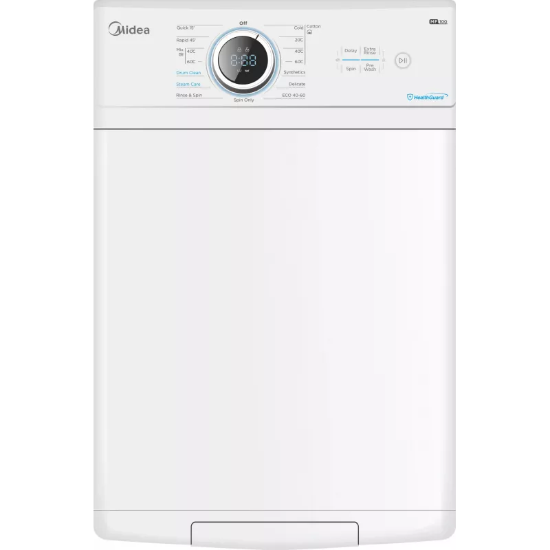 Midea veļas mazgājamā mašīna | MF100T60B/W-HR | Energoefektivitātes klase A | Augšējā ielāde | Mazgāšanas ietilpība 6 kg | 1200 apgr./min. | Dziļums 61 cm | Platums 40 cm | Displejs | LED | Tvaika funkcija | W