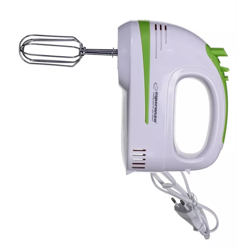 Rokas mikseris ESPERANZA EKM011 — 400 W, 5 ātrumi, turbo, mīklas āķi un putotāji, 220–240 V, balts/gaiši zaļš