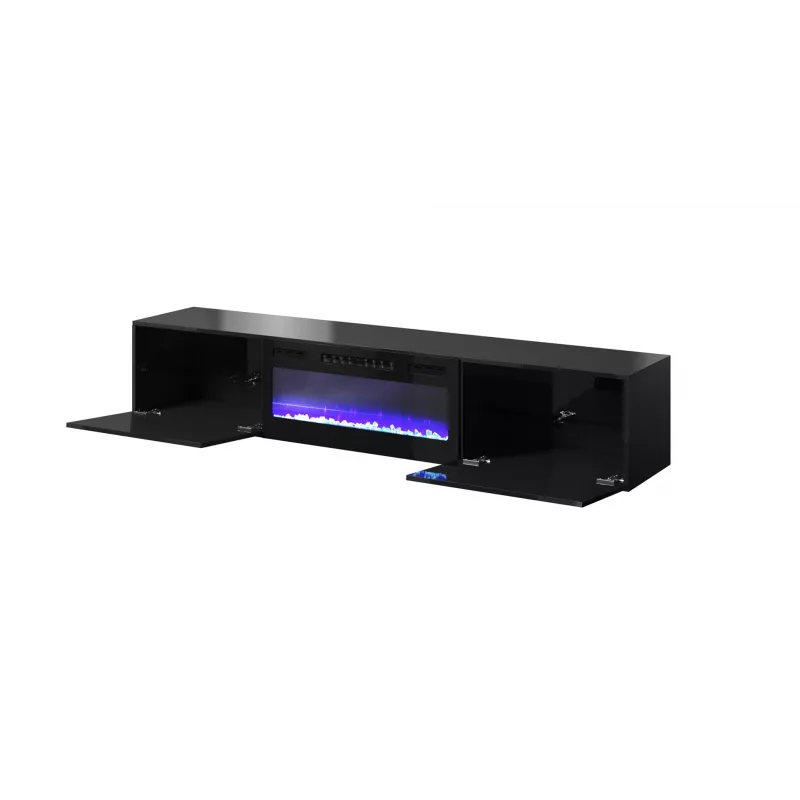 TV skapis Cama Meble SLIDE 200K ar elektrisko kamīnu 200×40×37 cm spīdīgi melns, MDF durvis, skaidu plātnes rāmis