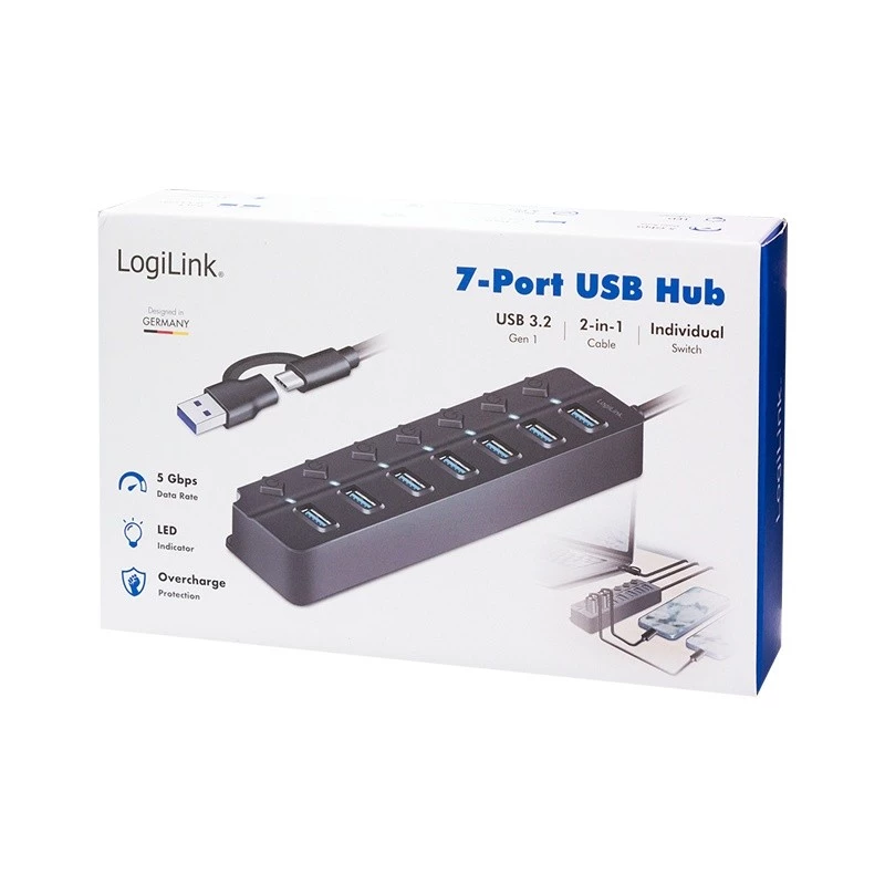 USB 3.2 Gen1 centrmezgls, 7 portu ar ieslēgšanas/izslēgšanas slēdzi, melns