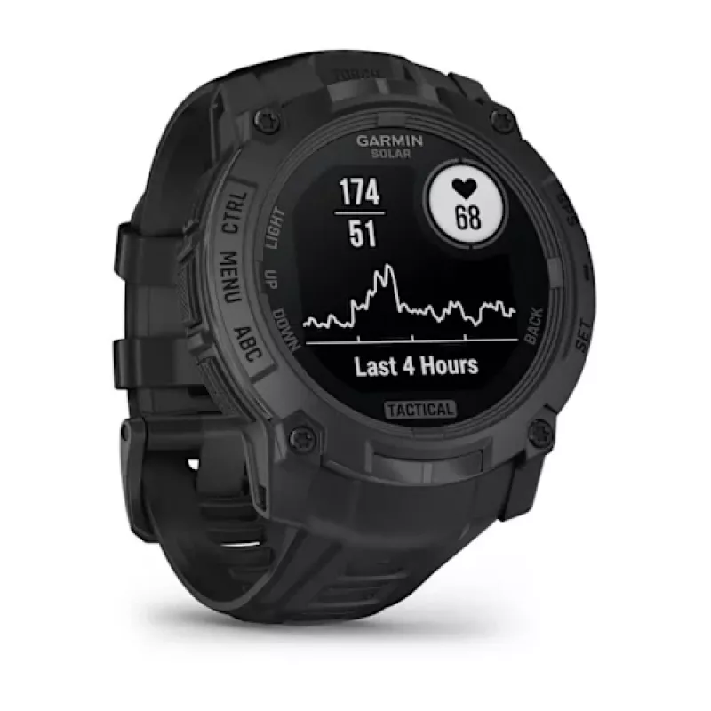 Viedpulkstenis GARMIN Instinct — 45 mm, 3,05 cm (1,2 collas) AMOLED 390×390 skārienjūtīgs, 4 GB, GPS, silikona siksna melna, 53 g