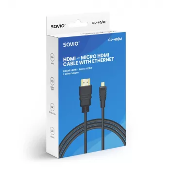 Savio CL-40/M HDMI (M) - micro HDMI (M) kabelis ar Ethernet, 2m, Melns