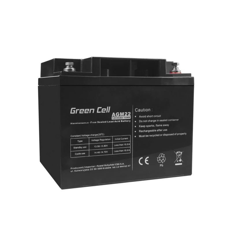UPS baterija zaļa Cell AGM22 — Hermētisks svina-skābes akumulators 12V 40Ah (VRLA), 170×165×197 mm, 12,1 kg