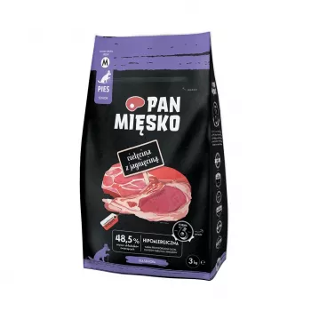 Sausā suņu barība Pan Miesko ar teļa un jēra gaļu, 3 kg — pieaugušiem suņiem, olbaltumvielas 23%, tauki 15%, mitrums 9%