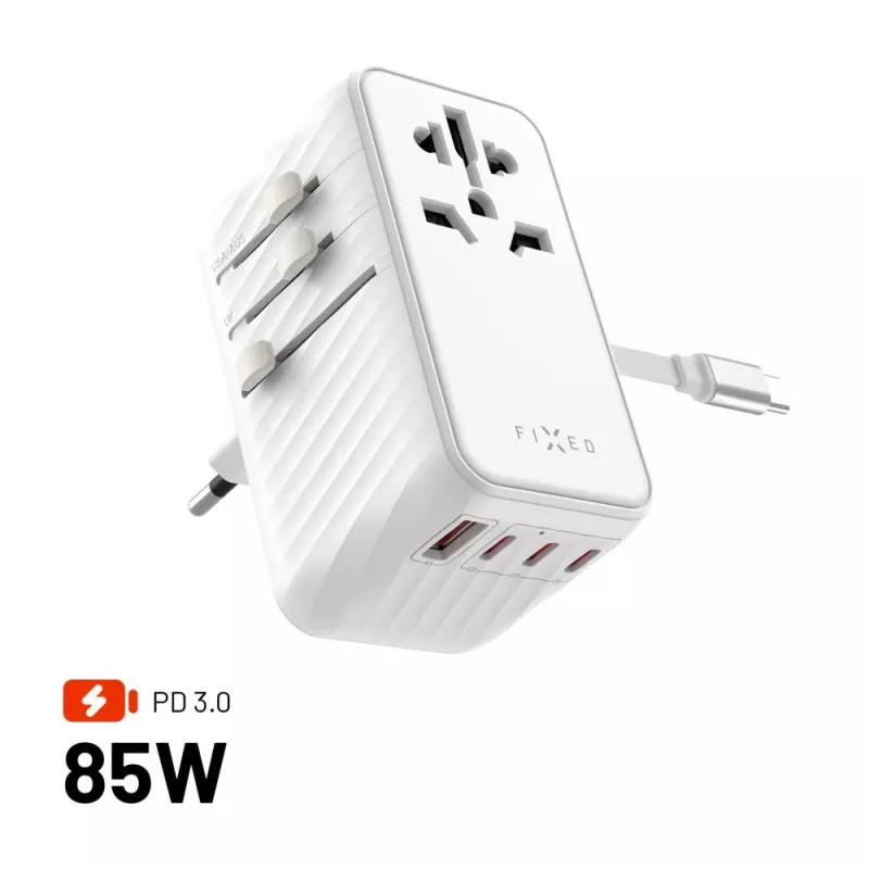 Fiksēts | Voyager 85W ceļojumu adapteris ES, Lielbritānijas un ASV/AUS kontaktligzdām, ar 4xUSB-C un 1xUSB izeju | Adapteris
