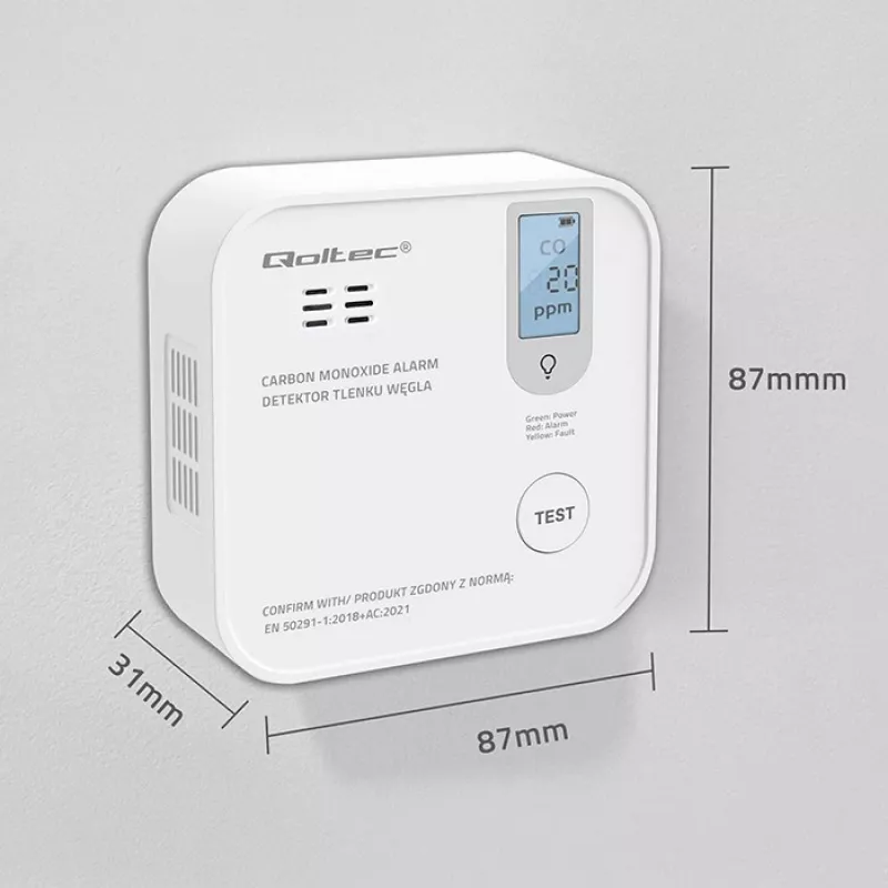 Oglekļa monoksīda sensors QOLTEC 52577 — ar baterijām darbināma signalizācija, 85 dB skaņas līmenis