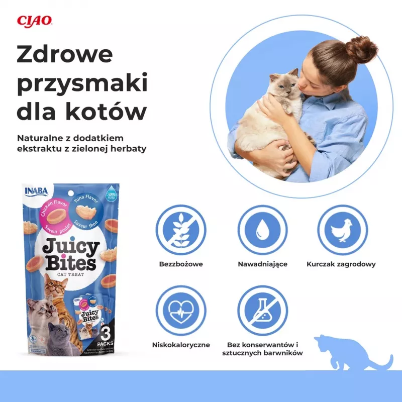 Slapjie kaķu našķi INABA Juicy Bites ar vistu un tunci, 3 × 11 g maisiņi, bez graudiem, olbaltumvielas 24%, mitrums 71%