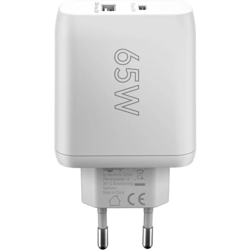 USB-C Dual-Fast lādētājs, PD, GaN, 65 vati (balts, 1x USB-C, 1x USB-A, Power Delivery)