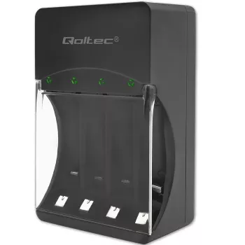 Akumulatoru lādētājs QOLTEC 50653 Ni‑MH AAA (R03) un AA (R6) uzlādējamām baterijām, ieeja 220–240 V, izeja 1,2 V