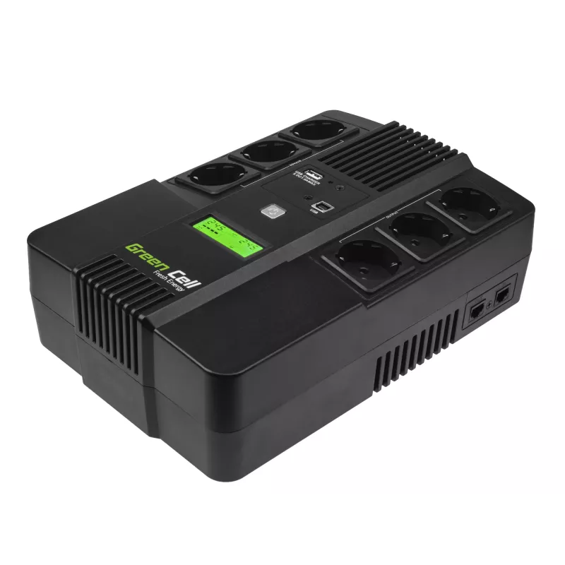 Nepārtrauktās barošanas avots zaļa Cell UPS06, Line-Interactive 600 VA (360 W), 6 maiņstrāvas rozetes, LCD, USB, RJ-45, 12 V 7 Ah akumulators