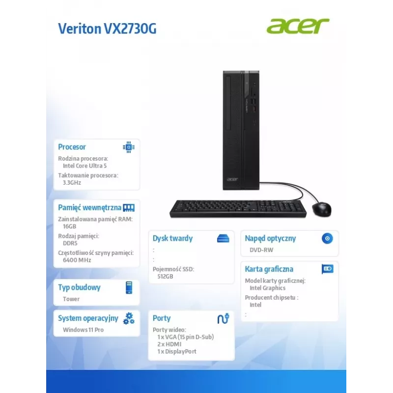 Galddators Acer Veriton VX2730G U5 225 ar 16GB RAM un 512GB SSD, Windows 11 Pro