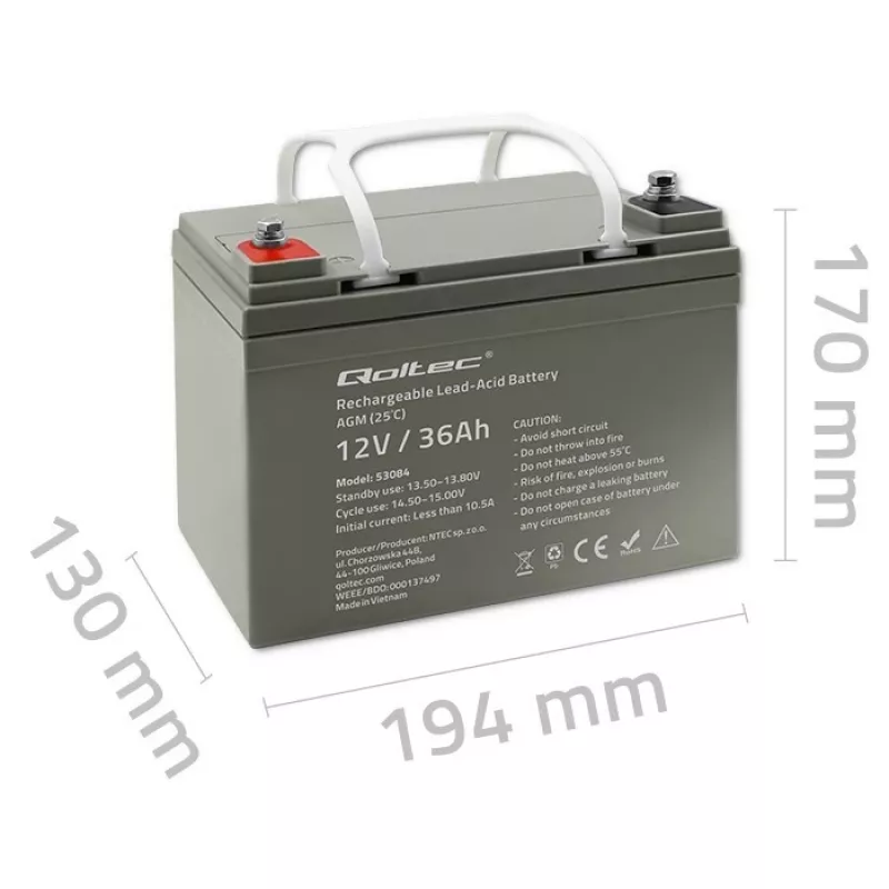 Hermētiska AGM UPS baterija QOLTEC 53084 12V 36Ah LongLife
