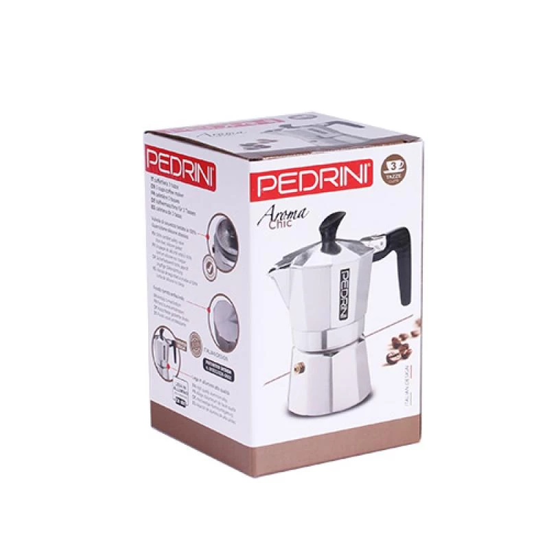 Kafijas automāts Pedrini 9083-3 — pulēta alumīnija plīts espresso kafijas automāts, 3 tasītēm, sudraba un melna krāsa