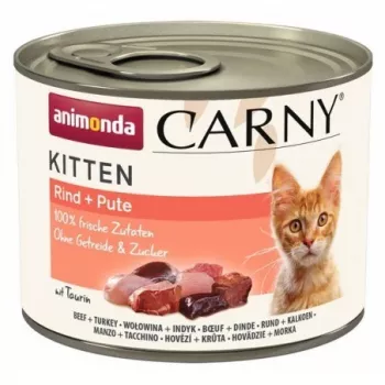Slapjā kaķu barība animonda Carny Kitten Liellopu gaļa ar tītaru 200 g – pilnvērtīga maltīte kaķēniem, 80% mitruma, 10,5% proteīna