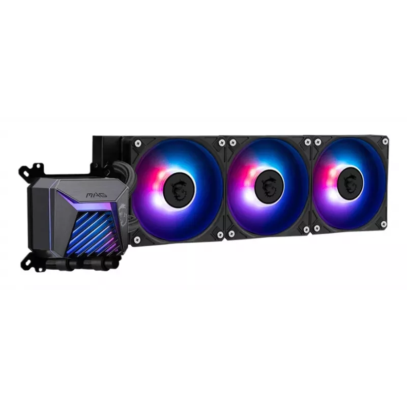 Viss vienā šķidruma dzesētājs MSI MAG Coreliquid A15 360 — 3x 120 mm ventilatori, radiators 394 x 120 x 27 mm, sūknis 5V, RGB, atbalsta LGA 1851