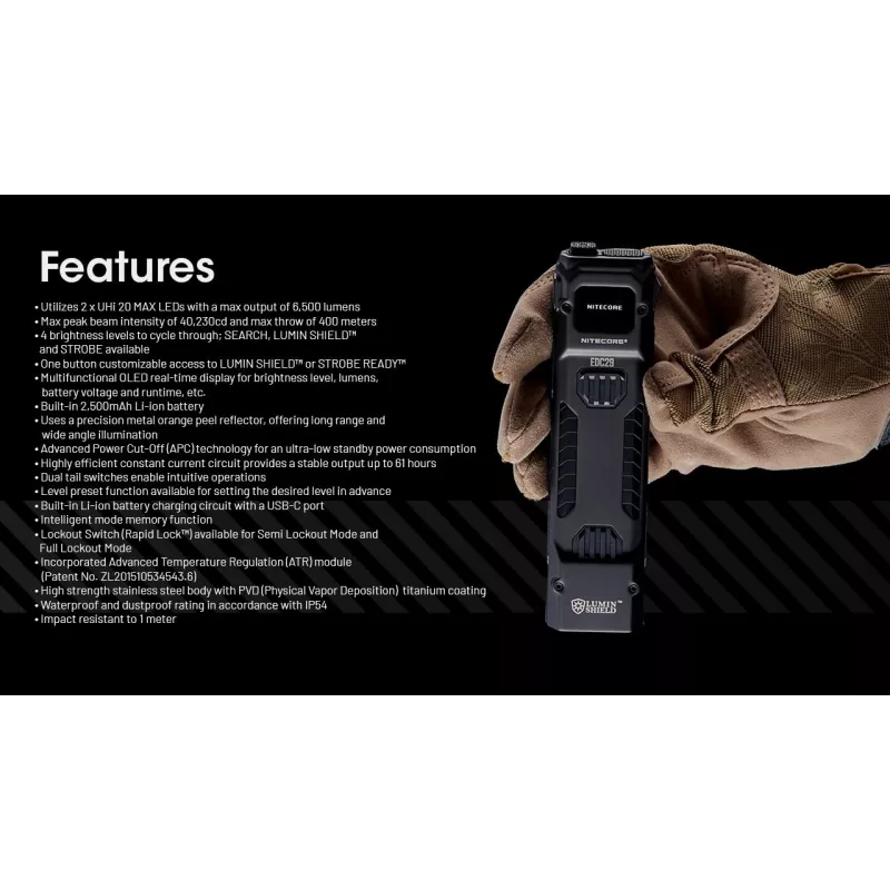 Rokas lukturītis Nitecore EDC29 nerūsējošā tērauda korpuss, 2 gaismas diodes, 15–6500 lm, IP54, uzlādējams caur USB