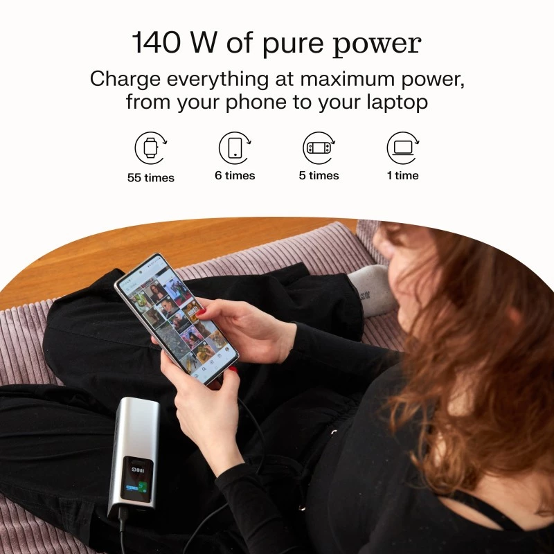 Portatīvais akumulators Green Cell PBGC25UD, 25200 mAh, Li‑Ion, 140 W kopējā jauda, 2× USB‑C + 1× USB‑A, OLED displejs, alumīnija korpuss