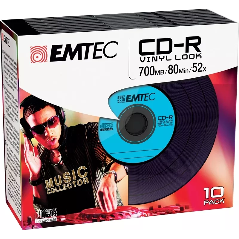 EMTEC Vinyl Look - 10 x CD-R - 700 MB (80 min) 52x - zila, dzeltena, ceriņu, zaļa, rozā - plāns Jewel Case