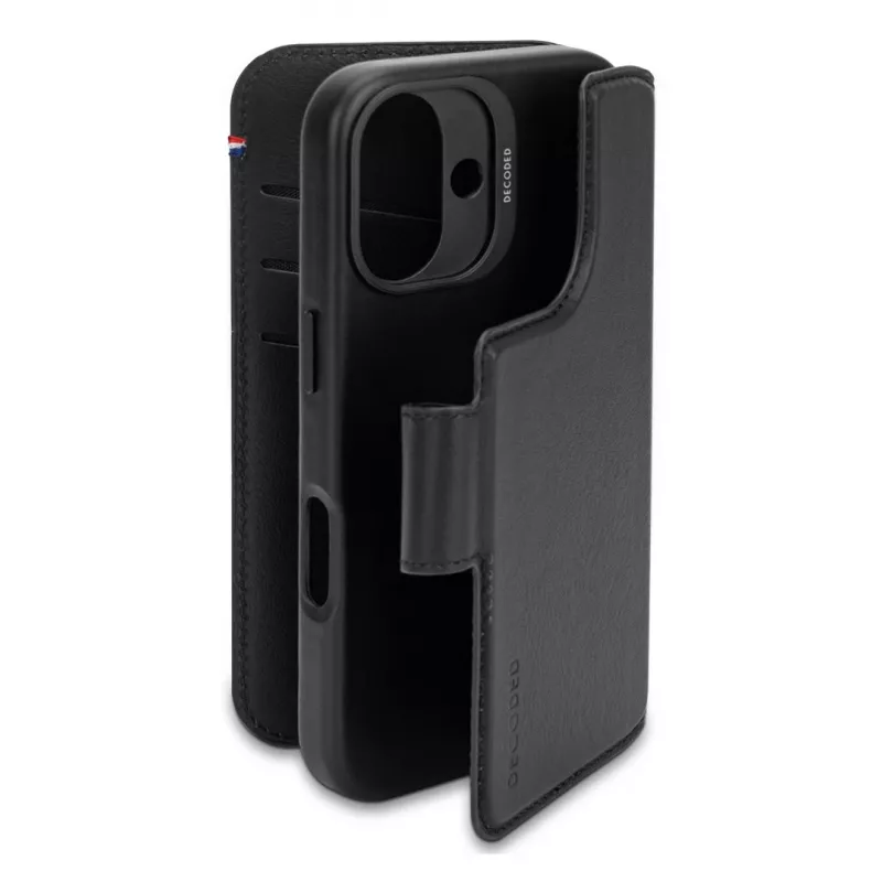 Ādas maciņš iPhone 16, melns