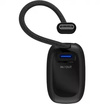 Powerbank 5.000 mAh, integrēts USB-C kabelis 13cm, 20 vati (melns, 5 Ah, 1x USB-A, 1x USB-C, PD, QC)