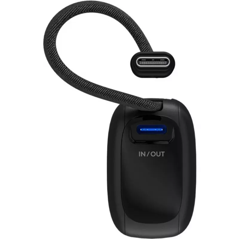 Powerbank 5.000 mAh, integrēts USB-C kabelis 13cm, 20 vati (melns, 5 Ah, 1x USB-A, 1x USB-C, PD, QC)