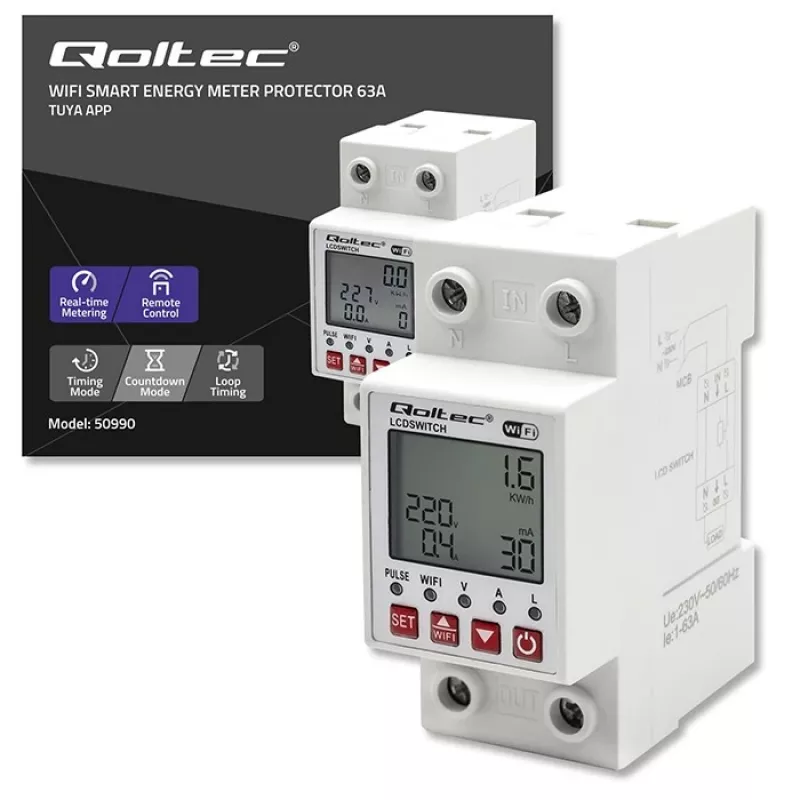 DIN-sliedes WiFi relejs QOLTEC 50990, vienkanāla, 63A pārslēgšana elektrības uzskaitei un tālvadībai