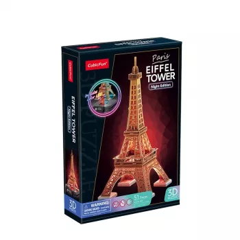 3D puzle Cubicfun Eifeļa tornis nakts versija LED, Cubicfun modelis 306-L534H – izgaismota arhitektūras 3D puzle
